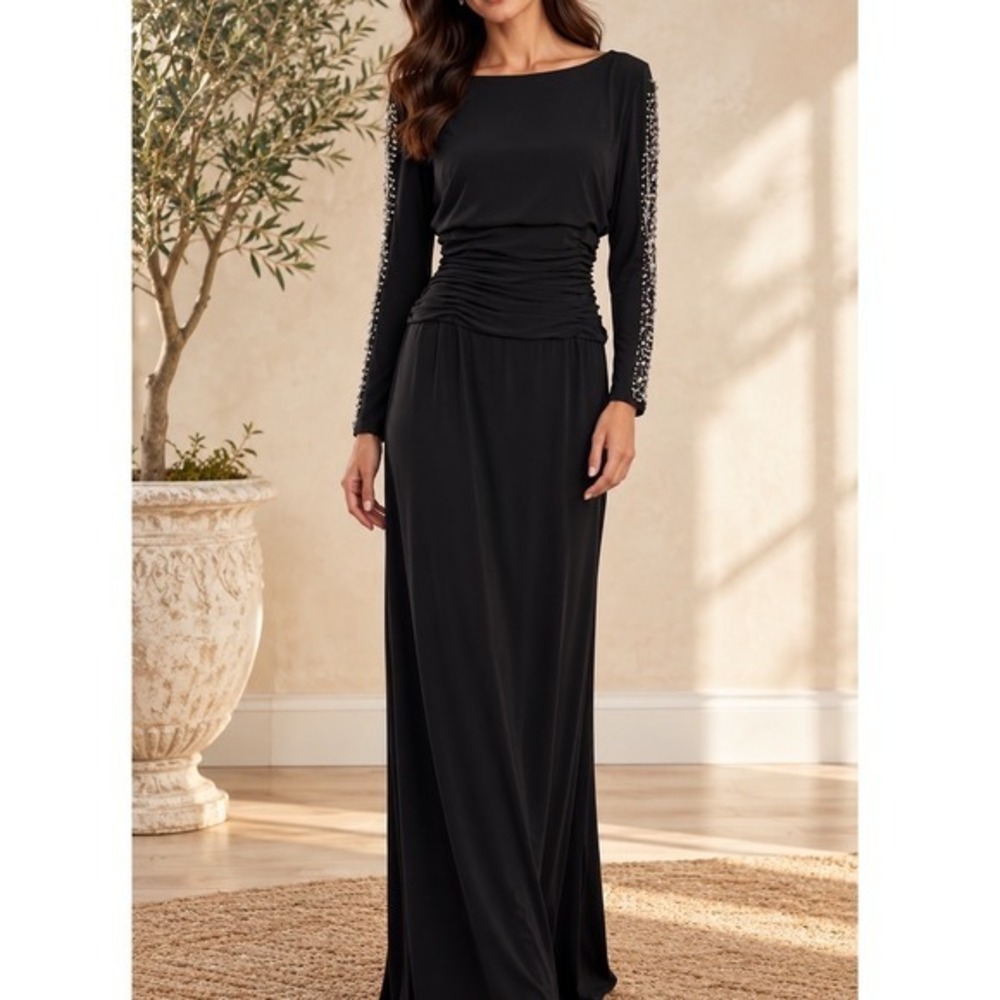 NWT Ignite Evenings Black Beaded Sleeve Ruched Waist Maxi Gown Dress Size 8